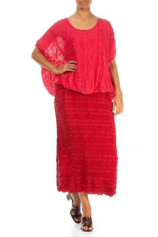 A-line Red Textured Silk Skirt