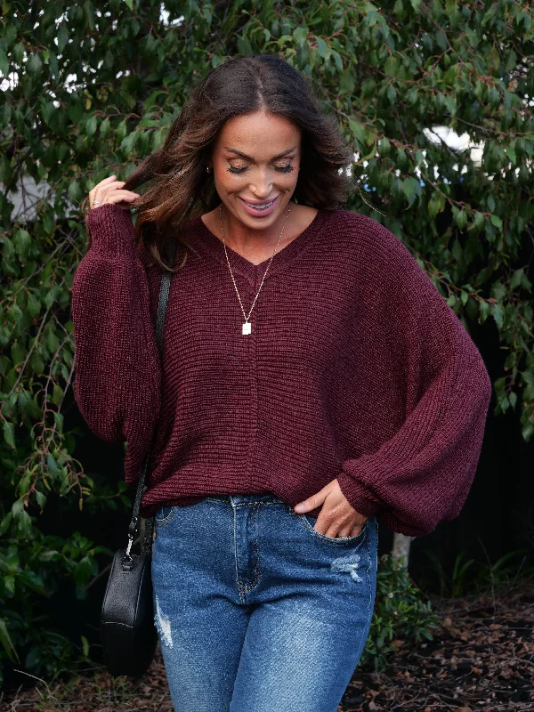 Alpine By Shine On Kara Ribbed Batwing Merino Jumper Claret