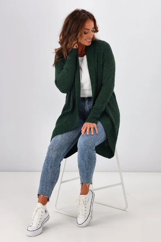 Alpine By Shine On Piccolo Merino Longline Scooped Hem Cardigan Olive