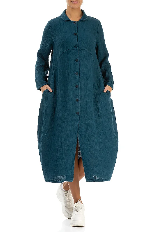 Balloon Dark Teal Textured Linen Jacket Dress