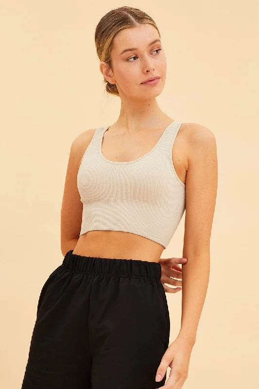 Beige Bone Seamless Tank Top Scoop Neck Rib Crop