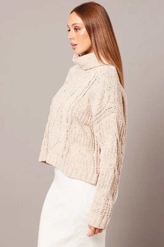 Beige Cable Knit Jumper High Neck