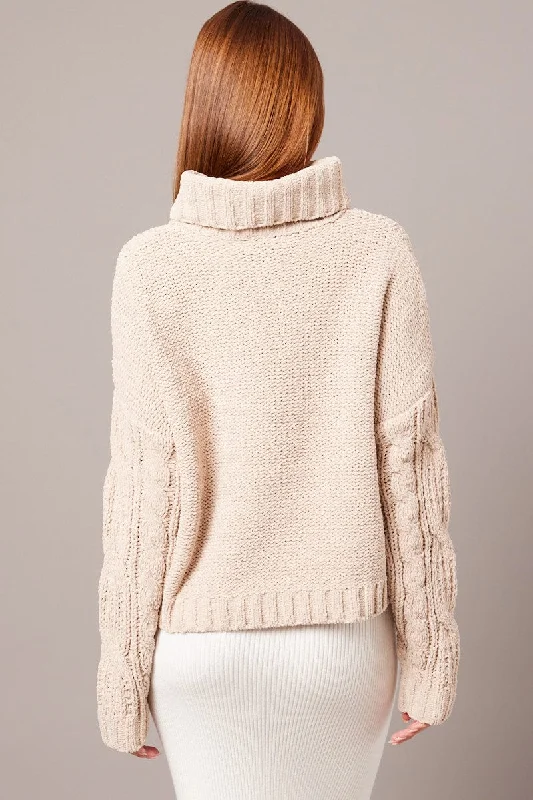 Beige Cable Knit Jumper High Neck