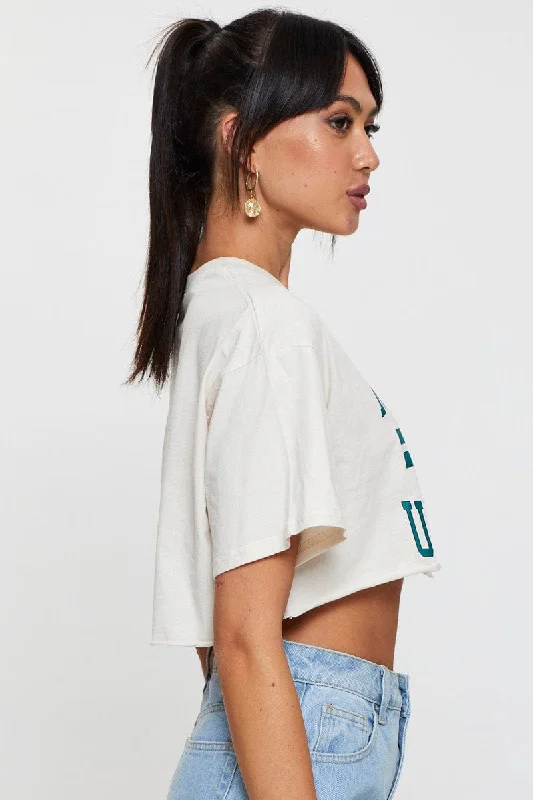 Beige Graphic Crop Top Short Sleeve