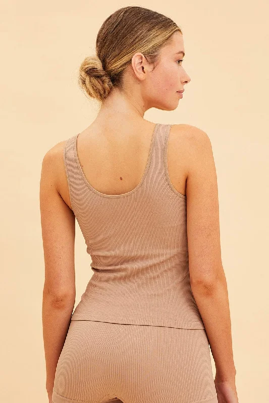 Beige Seamless Tank Full Length Sleeveless Soop Neck