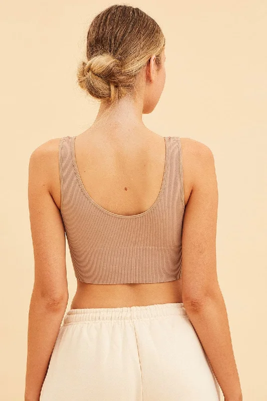 Beige Seamless Tank Top Scoop Neck Rib Crop