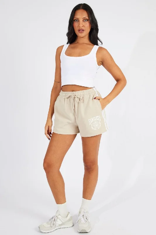 Beige Track Shorts High Rise Elastic Waist