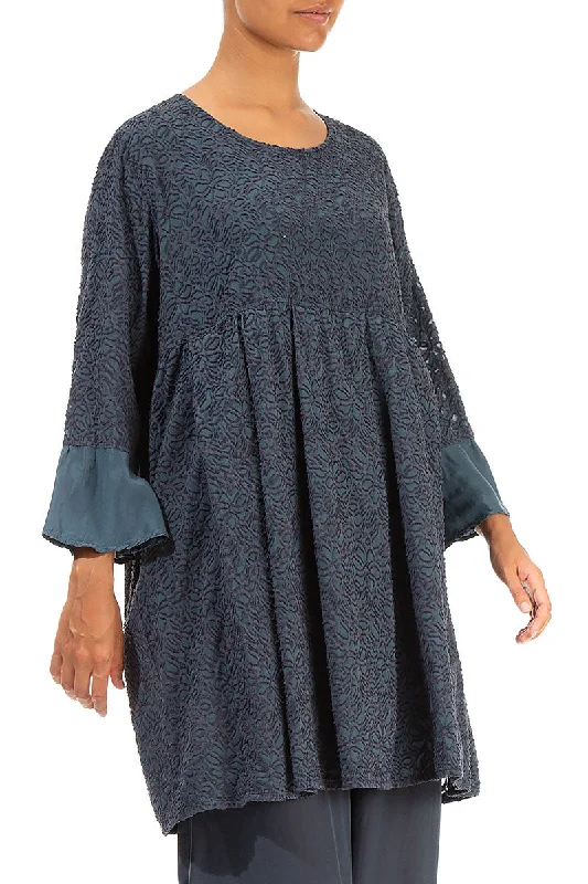 Bell Sleeve Floral Graphite Silk Tunic