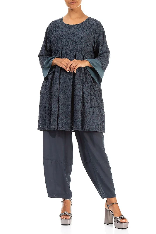 Bell Sleeve Floral Graphite Silk Tunic