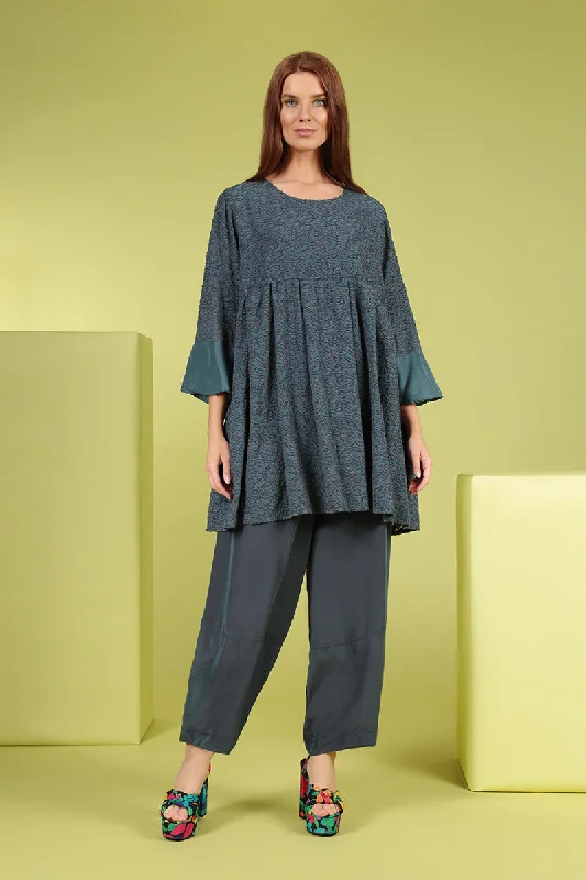 Bell Sleeve Floral Graphite Silk Tunic