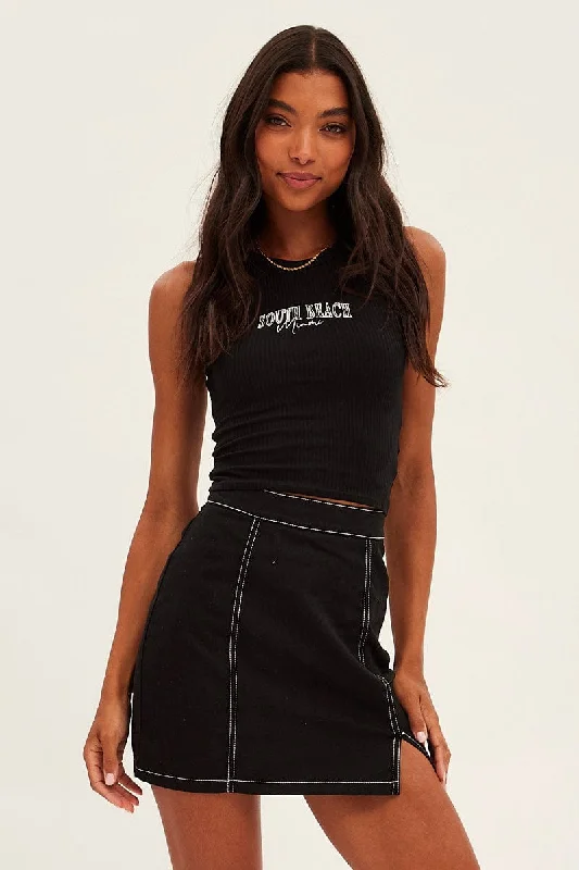 Black Crop Tank South Beach Embroidered Sleeveless