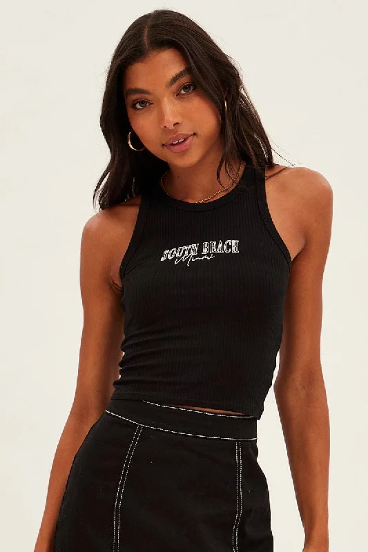 Black Crop Tank South Beach Embroidered Sleeveless