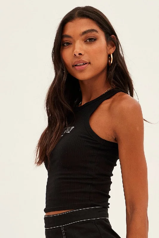 Black Crop Tank South Beach Embroidered Sleeveless