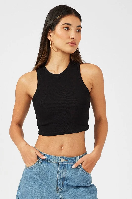 Black Crop Tank Top Crew neck