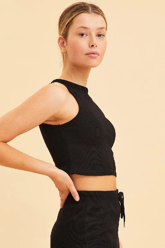 Black Cropped Tank Cotton Blend Rib High Neck Racer Back