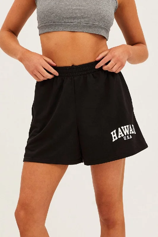 Black Elastic Waist Biker Track Shorts