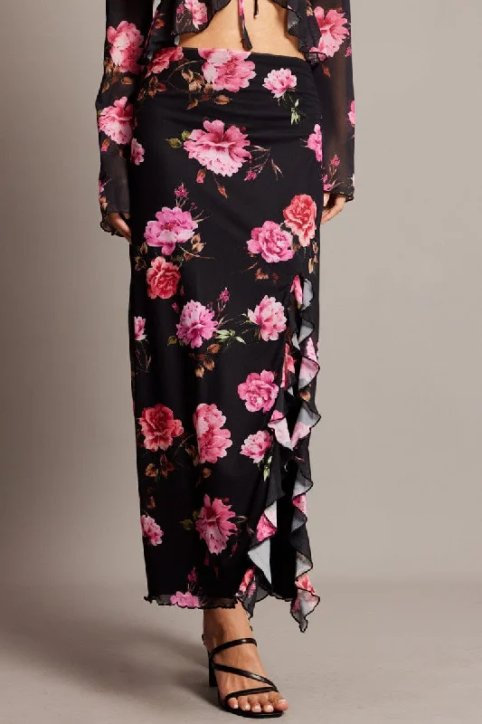 Black Floral Maxi Skirt High Rise Ruffled Slit Frill Hem Mesh