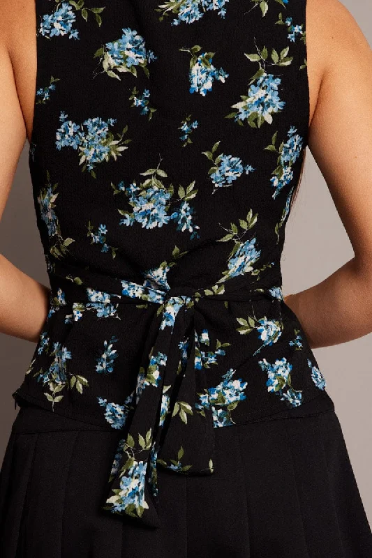 Black Floral V Neck Tie Back Sleeveless Top