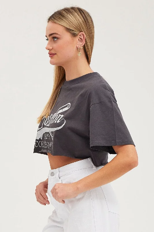 Black Graphic T Shirt Short Sleeve Crop Crew Neck