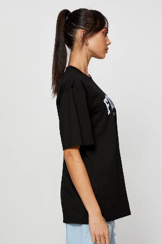 Black Jersey T Shirt Short Sleeve Embroided