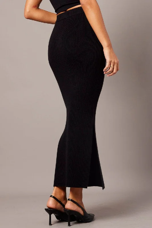 Black Knit Skirt Front Split High Rise