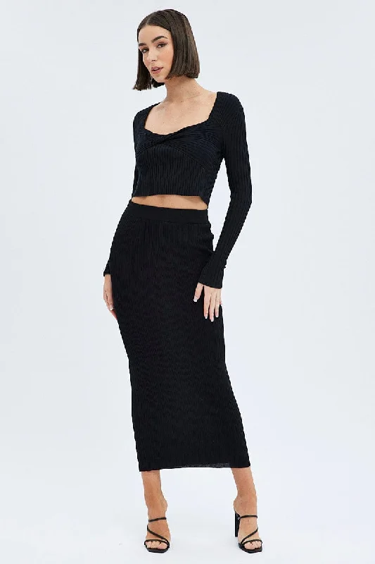 Black Knit Skirt High Rise Maxi