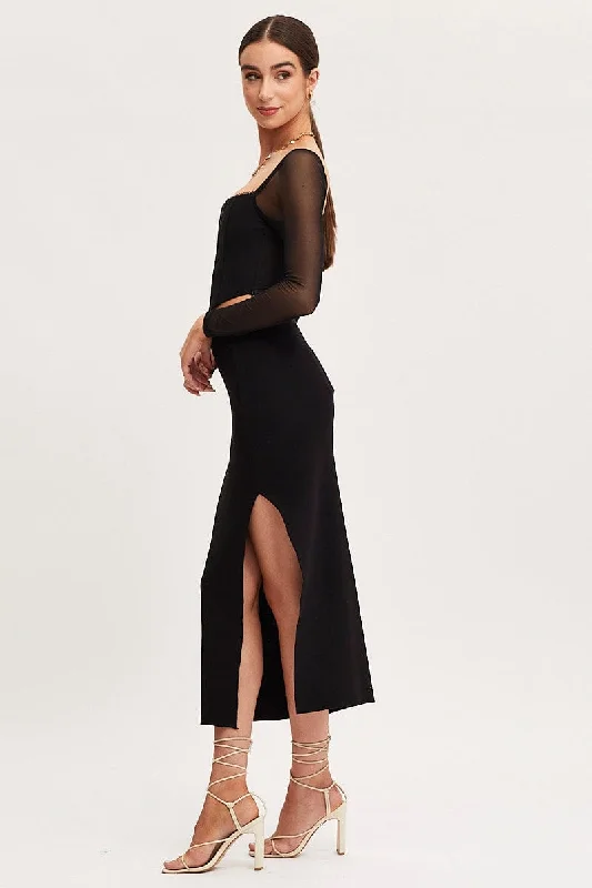 Black Knit Skirt Midi High Rise