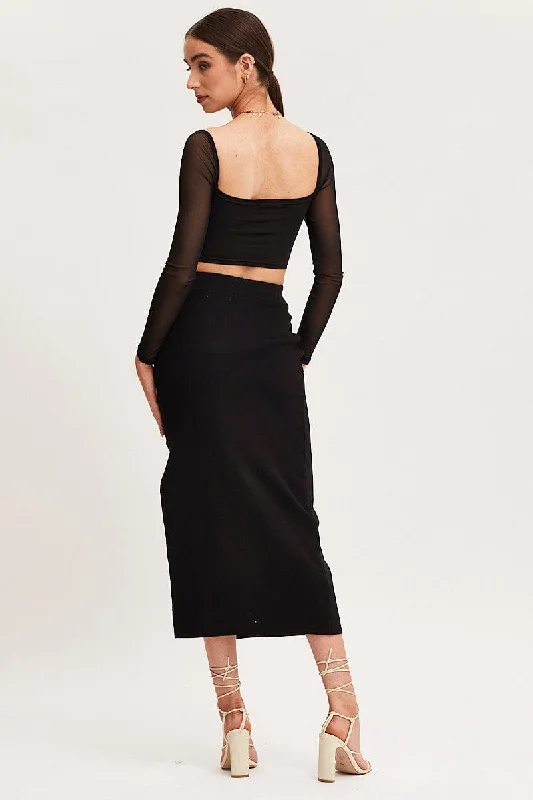 Black Knit Skirt Midi High Rise