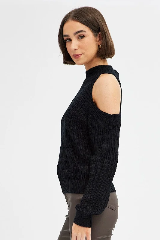 Black Knit Top Long Sleeve Cut Out