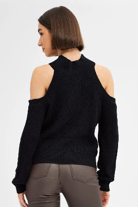 Black Knit Top Long Sleeve Cut Out