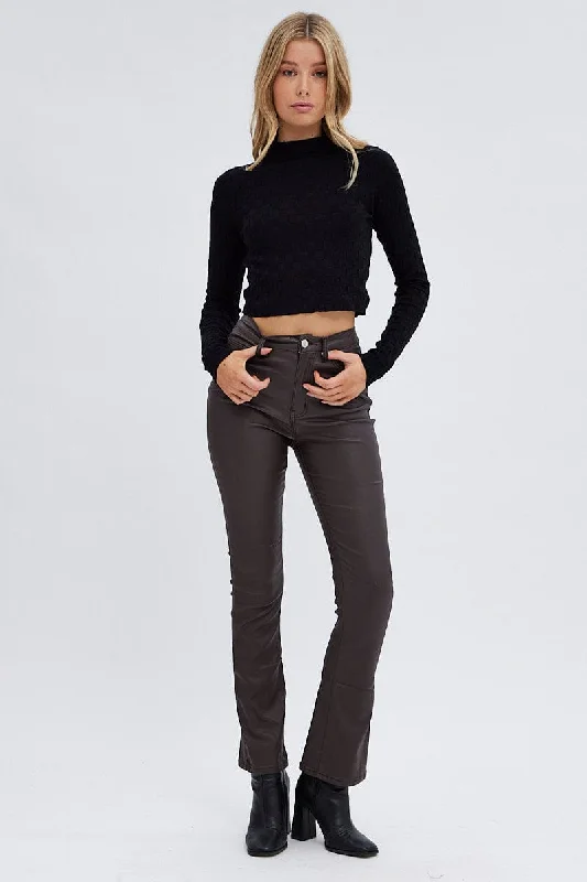 Black Knit Top Long Sleeve High Neck Crop Checker Stitch