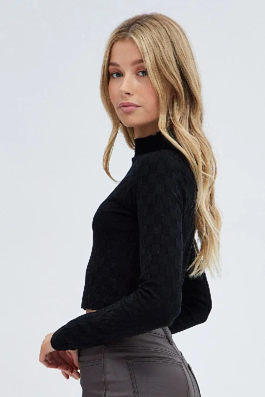 Black Knit Top Long Sleeve High Neck Crop Checker Stitch