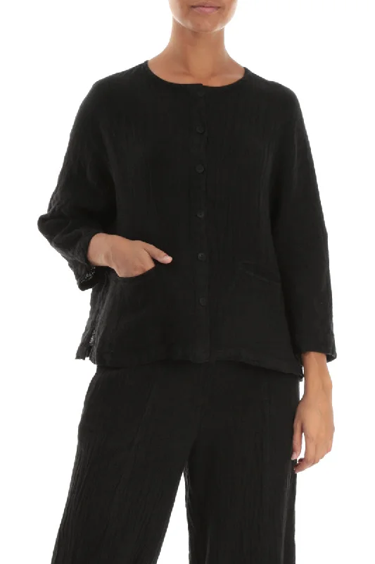 Black Mélange Linen Jacket Blouse