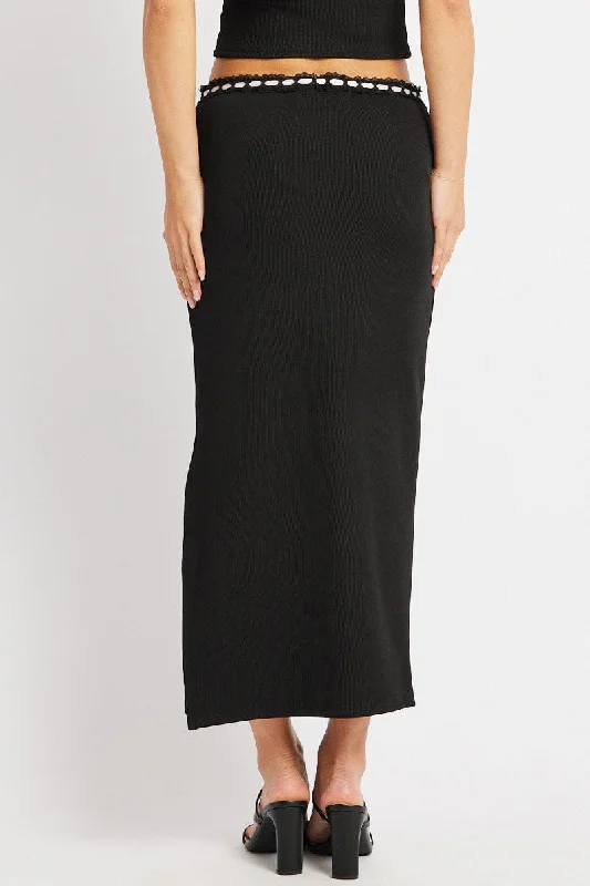 Black Midi Skirt High Rise Lace Detail Rib Jersey