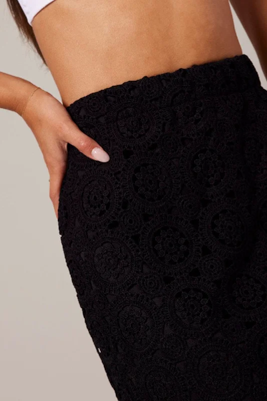 Black Midi Skirt High Rise Lace