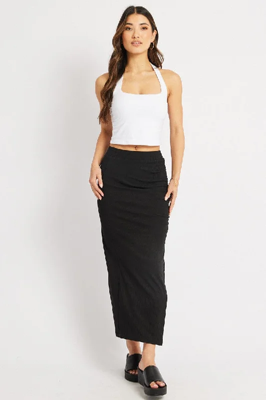 Black Midi Skirt High Rise Side Ruched Elastic Waistband