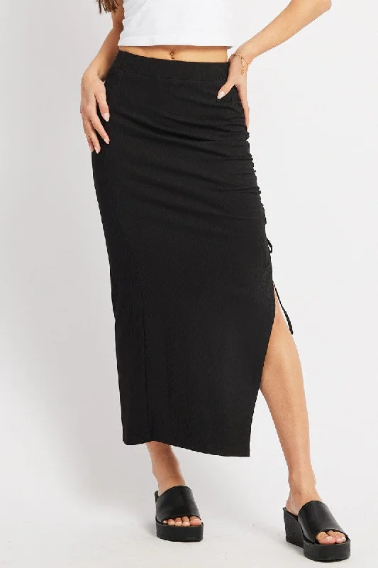 Black Midi Skirt High Rise Side Ruched Elastic Waistband