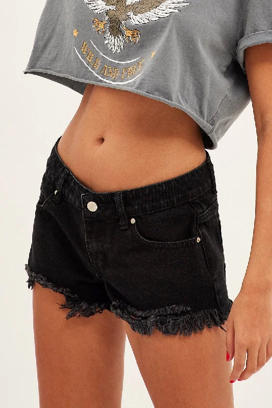 Black Relaxed Denim Shorts Low Rise