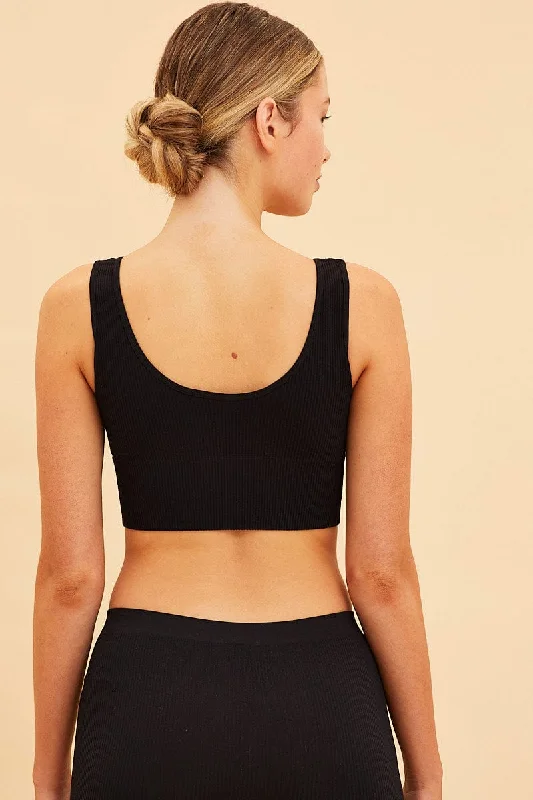 Black Seamless Tank Top Scoop Neck Rib Crop