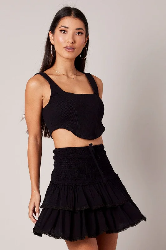 Black Skater Skirt Smocking Waist Mini