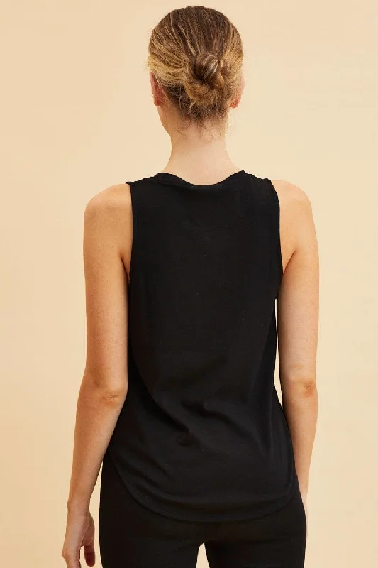 Black Sleeveless Tank Cotton Crew Neck Curved Hem