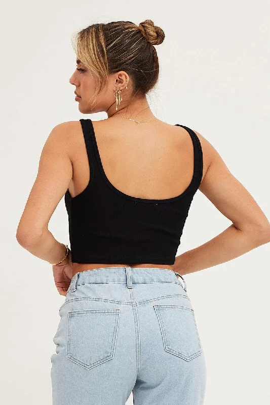 Black Tank Rib Notch Cropped Rib