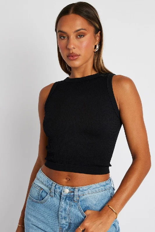 Black Tank Top Crew Neck Seamless