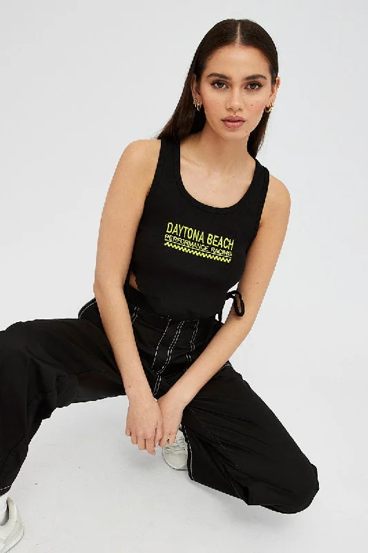 Black Tank Top Side Ties Daytona Beach Embroidery Rib