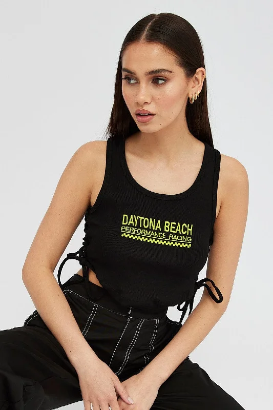 Black Tank Top Side Ties Daytona Beach Embroidery Rib