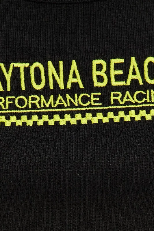 Black Tank Top Side Ties Daytona Beach Embroidery Rib