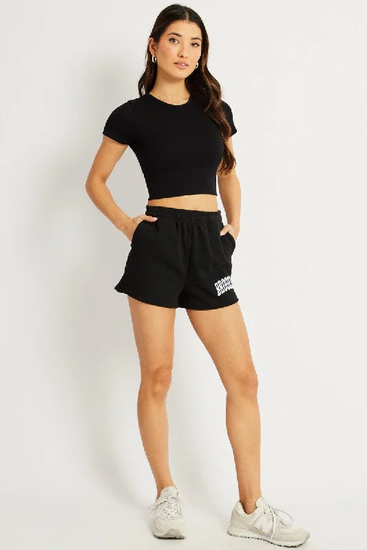 Black Track Shorts High Rise Elastic Waist