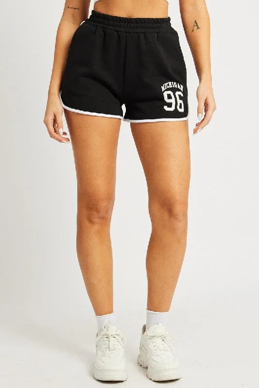 Black Track Shorts High Rise Elastic Waist