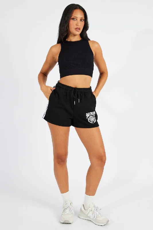 Black Track Shorts High Rise Elastic Waist