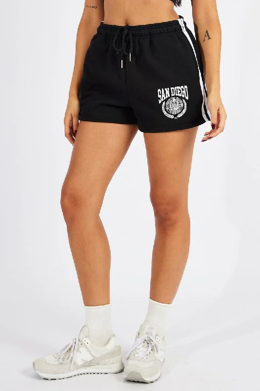 Black Track Shorts High Rise Elastic Waist